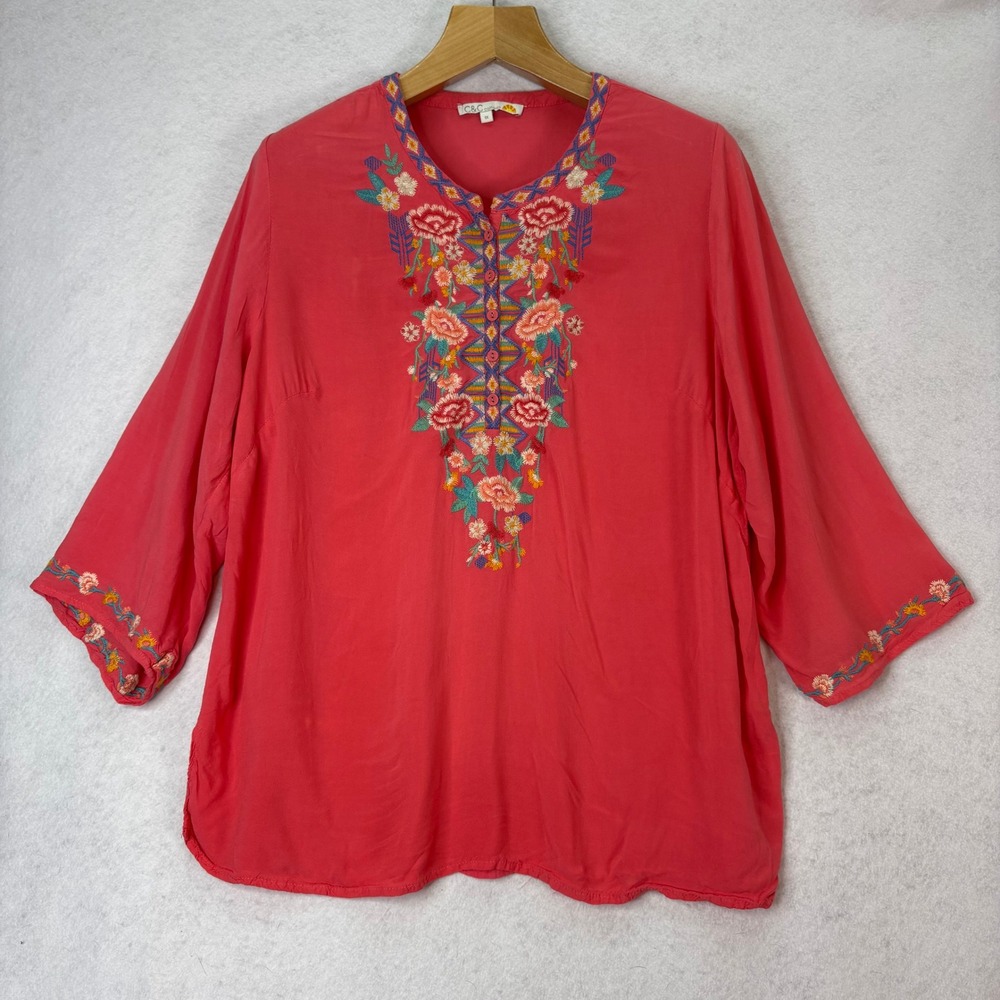 C&C California Pink Embroidered Floral Tunic Womens‎ 1X Boho Peasant Casual Folk